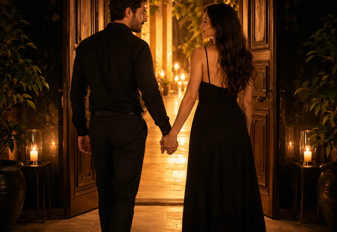 Casal caminhando junto em ambiente dourado
